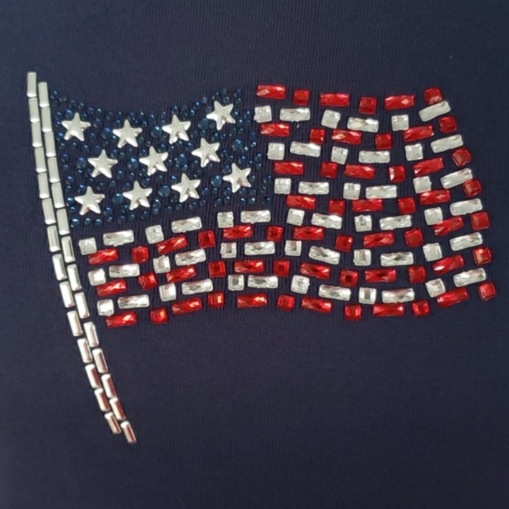 American Flag Tee 100% Cotton Americana 4th of July Rhinestone Patriotic (A) - Picture 2 of 9